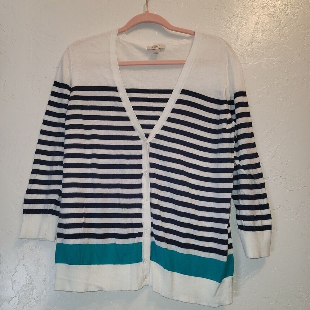 LOFT Women’s Large Striped 3/4 Sleeve Button Front Cardigan Sweater Lightweight